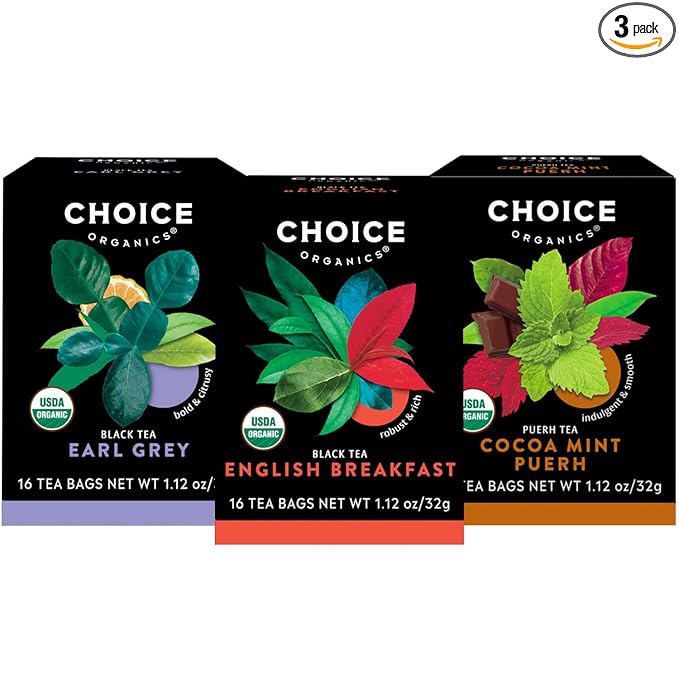 Choice Organic Teas Black Tea Variety Pack Sampler - Includes English Breakfast, Earl Grey, and Cocoa Mint Puerh Teas - Fair Trade - Compostable - 48 Organic Black Tea Bags (Pack of 3)