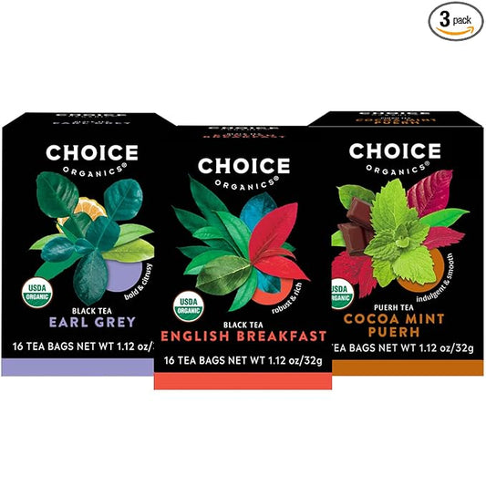 Choice Organic Teas Black Tea Variety Pack Sampler - Includes English Breakfast, Earl Grey, and Cocoa Mint Puerh Teas - Fair Trade - Compostable - 48 Organic Black Tea Bags (Pack of 3)
