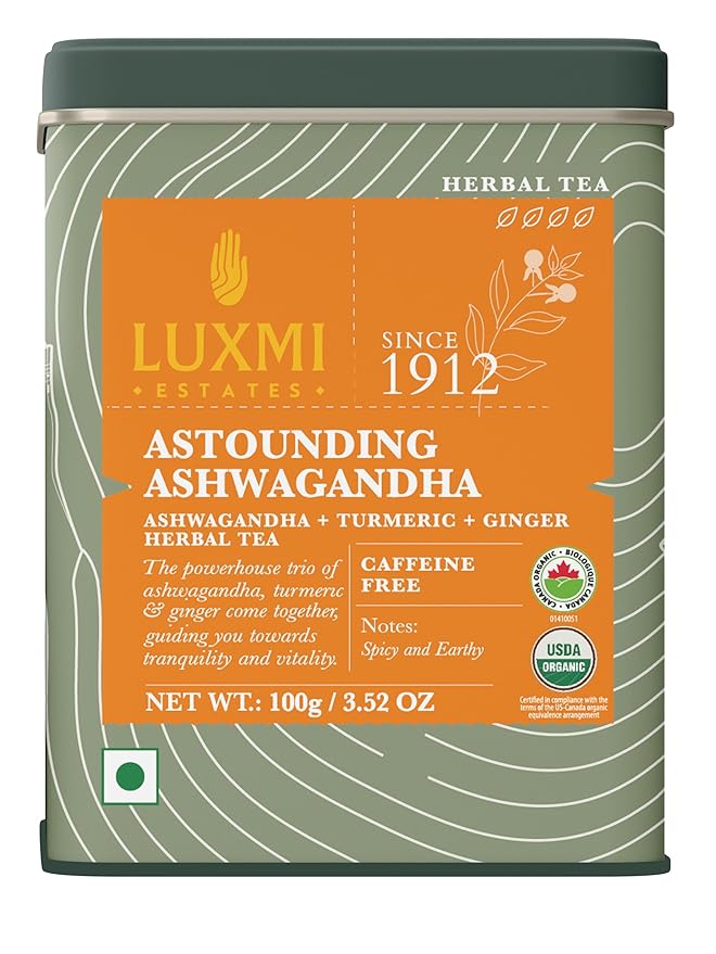 Luxmi Estates - Astounding Ashwagandha - Organic Loose Leaf Tea - 100g (50 Cups) | With Ashwagandha, Turmeric, Ginger, Lemongrass & More | Perfect Stress Relief Tea