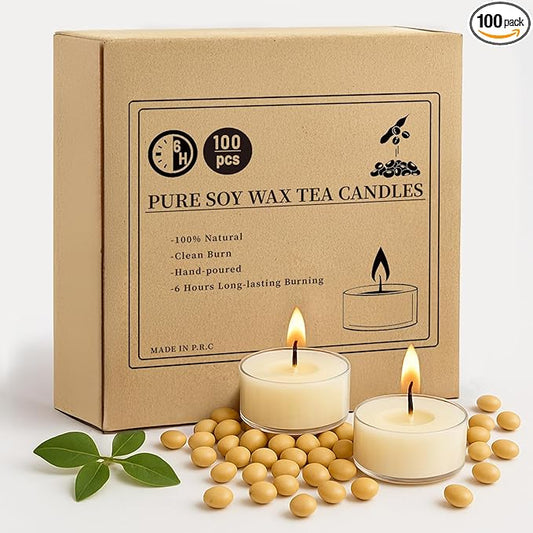 Crenovo Tea Lights Candles 100 Pack, Natural Soy Wax Tealights Candles Bulk 6 Hours Non-Toxic, Long Burning, Unscented Small Votive Cup Candles for Wedding, Party, Dinner, Emergency