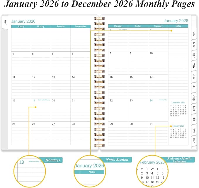 2026 Daily & Monthly Planner - One Page Per Day, Daily Planner 2026 from January 2026 to December 2026, Planners 26 with 12 Monthly Tabs, 6.4" x 8.5", Teal Flowers