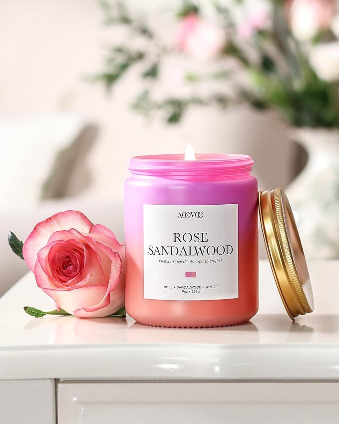 AOOVOO Rose Sandalwood Candles - Scented Candle Gift for Women, 9oz Soy Candle, 50 Hours Burn, Jar Candle for Home Scented, Relaxing, Stress Relief Candles