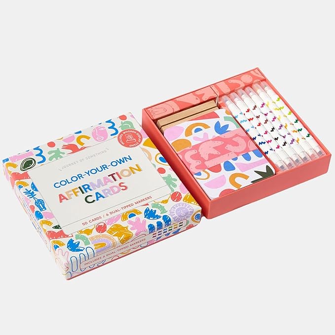 Journey of Something: Color Your Own Affirmation Cards - Mindfulness Positivity Art Kit, Dual-Tip Markers, Wooden Display Stand, Adults Activity