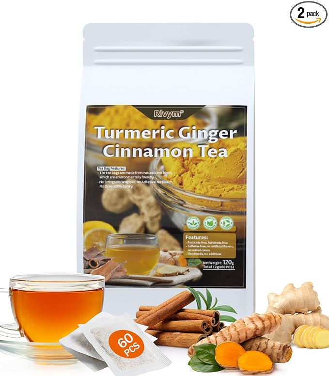 60Pcs Turmeric Ginger Cinnamon Tea, Natural Turmeric Herbal Tea, Improve Digestion, Support Skin, Sleep, Eco-Conscious Teabags, No Sugar, No Caffeine, No Gluten