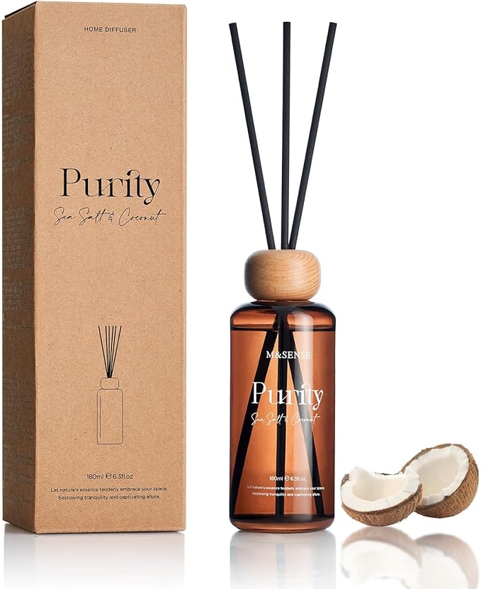M&SENSE Seasalt Coconut Reed Diffuser: 6.3 fl oz Non-Toxic Aroma Set with Sticks, Light & Subtle Fragrance, Long-Lasting Natural Essential Oil Gifts for Bedroom, Shelf Decor & Small Spaces