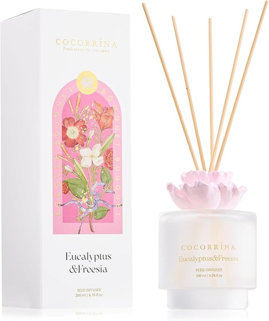COCORRÍNA Gypsum Flower Reed Diffuser Set for Bathroom Décor – Eucalyptus & Freesia Scent, 6.76 oz with Sticks & Oil – Home Fragrance for Bathroom & Living Space