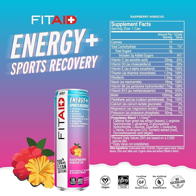 LIFEAID FITAID Energy Drink, 200mg Natural Caffeine, Keto, 15 Calories, Variety Pack, BCAAs, Quercetin, Electrolytes, Omega-3s, Paleo, Vegan & Gluten-Free, 12-oz. cans (Pack of 24)