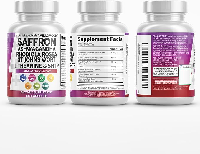 Clean Nutraceuticals Saffron Supplements Extract 100mg + Ashwagandha L-Theanine 200mg - Mood Support Ginkgo Biloba, St. John's Wort, Rhodiola Rosea & 5-HTP Capsules Pills Men Women