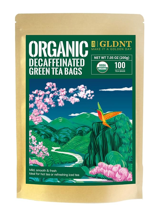 GLDNT Organic Decaf Green Tea Bags, Organic Green Tea Decaffeinated, Smooth Flavor, Super Antioxidant, Iced & Hot Tea, 100 Count