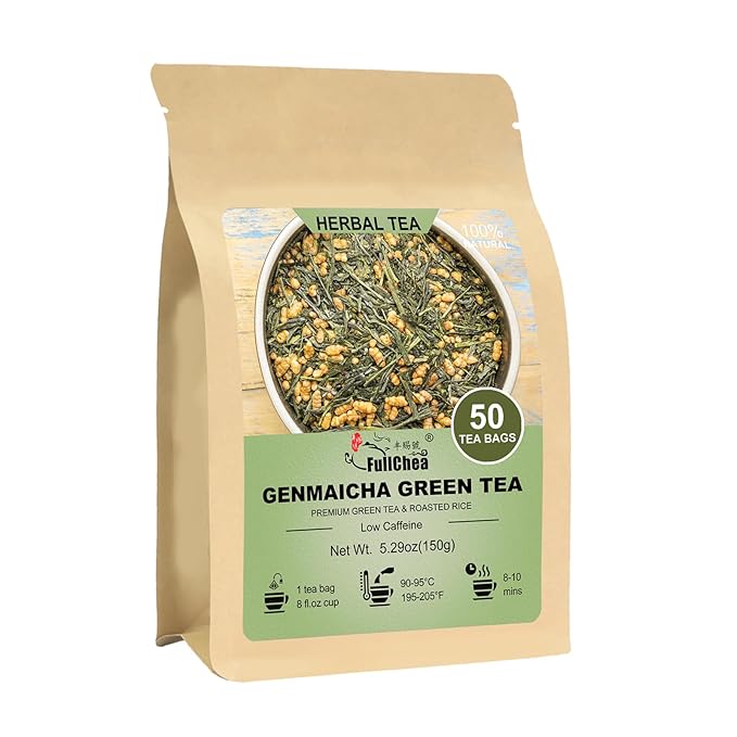 FullChea - Genmaicha Tea bags, 50 Teabags - Genmaicha Green Tea with Roasted Rice, Nutty & Refreshing - Low Caffeine - Soothing & Digestive, Perfect for Daily Relaxation