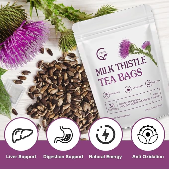 Organic Milk Thistle Tea Bags, Liver Support Herbal Tea, Caffeine Free, 30 Tea Bags