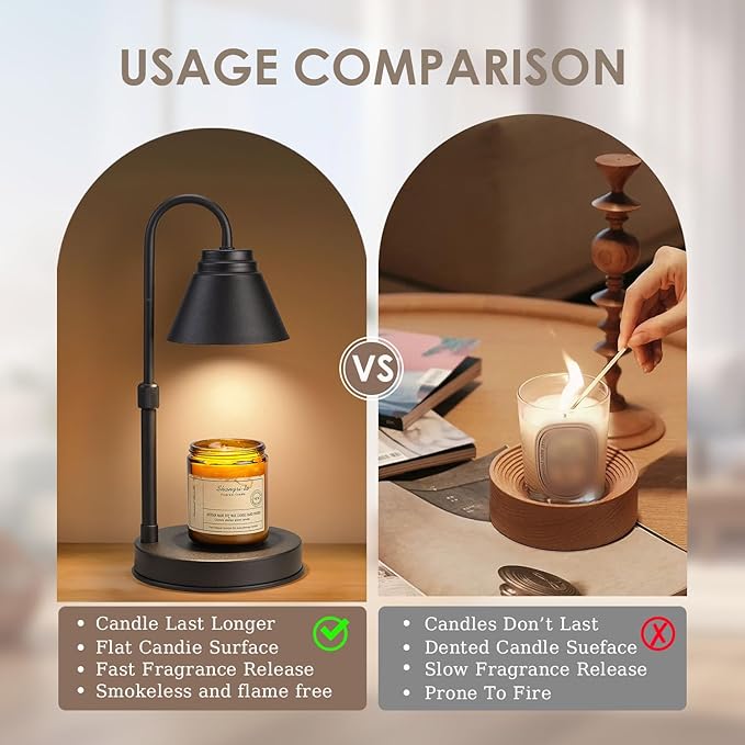 Candle Warmer Lamp - Timer & Dimmer w/ 2 Bulbs, Height Adjustable Candle Warmer for Bedroom, Home Decor, Black
