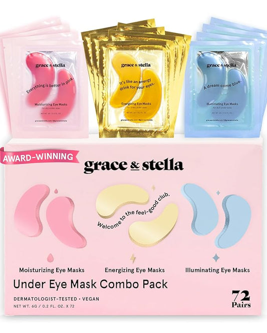 grace & stella Under Eye Mask - Reduce Dark Circles, Puffy Eyes, Undereye Bags, Wrinkles - Gel Under Eye Patches, Vegan Cruelty-Free Self Care (72 Pairs, GoldPinkBlue)