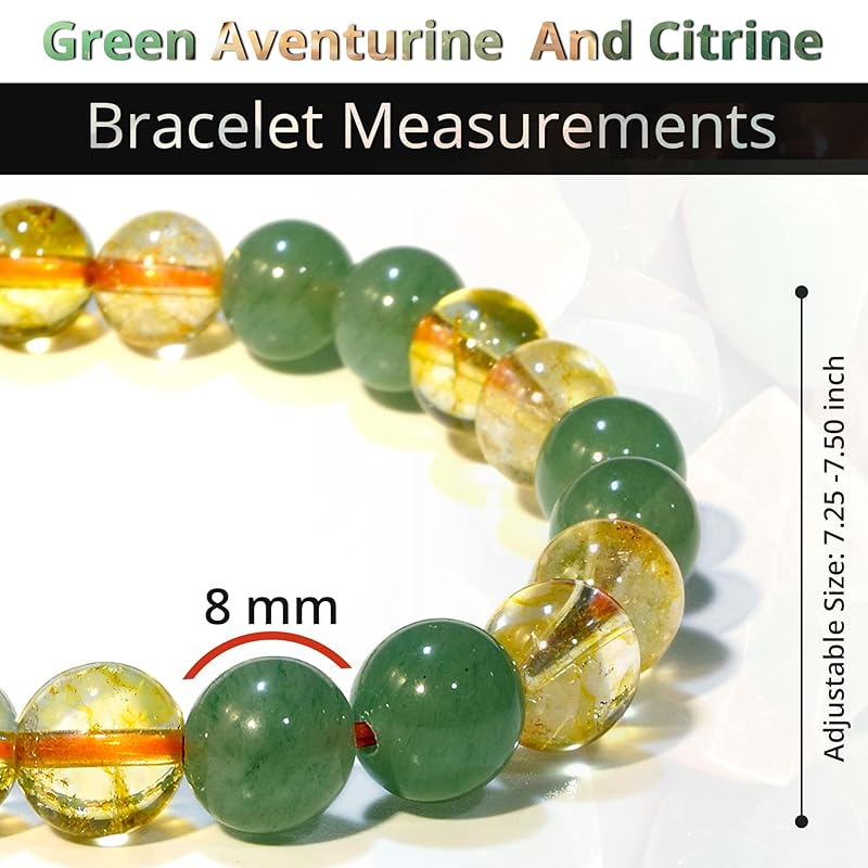 Citrine, Green Aventurine Bracelet – Healing Crystal Bracelet for Women and Men – 8mm Round Beaded Bracelet for Good Luck, Wealth, Abundance – Elastic Adjustable Size Gemstone Bead Bracelet