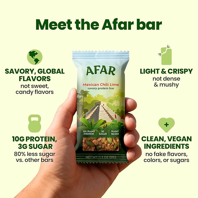 Afar Savory Protein Bars – Low Sugar, High Protein – Healthy Snacks for Adults – Meal Replacement Bar – Rice Crispy Texture – Vegan, Gluten Free (8 Bars, Mexican Chili Lime)
