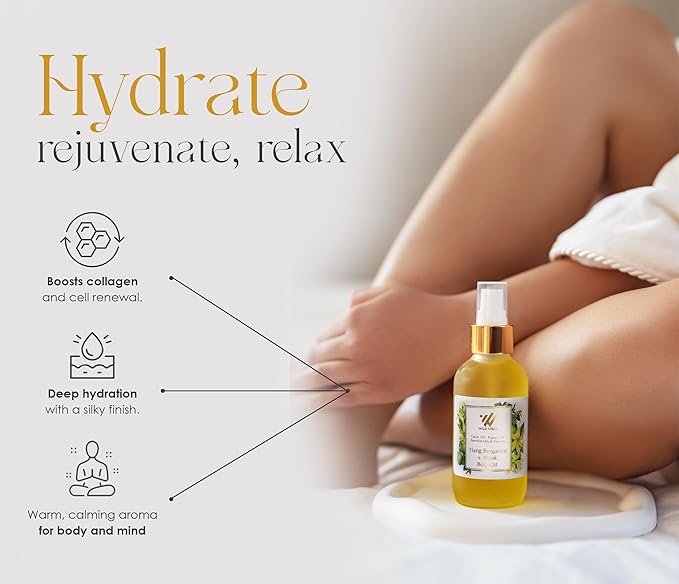 Wild Vibes Ylang Bergamot + Musk Luxury Body Oil – Organic, After Shower for Women with Tropical Oils, Anti-Aging and Hydrating Formula for Smooth, Radiant Skin – 4 oz