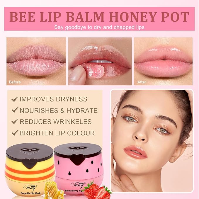 5 Pcs Bee Balm,Honey Strawberry Watermelon Bee Lip Balm Honey Pot,Moisturizing Lip Mask Overnight,Hydrate Repair Prevent Dry Cracked Lip Care (Honey+Strawberry+Watermelon+Apple Lime+Cherry)