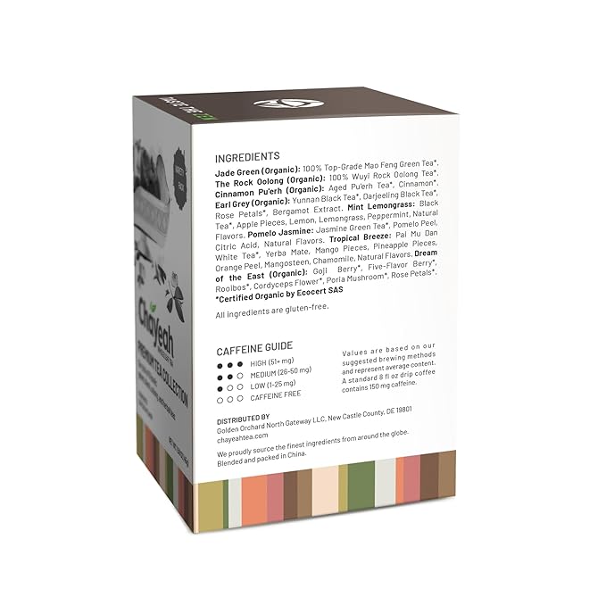 CHAYEAH, Premium Tea Collection (16 Pyramid Tea Sachets, 8 Assorted Flavors), Green, Black, Oolong, Pu’erh & Herbal Tea Sampler Variety Pack, Caffeinated and Non-Caffeinated, Whole Leaf Tea Bag