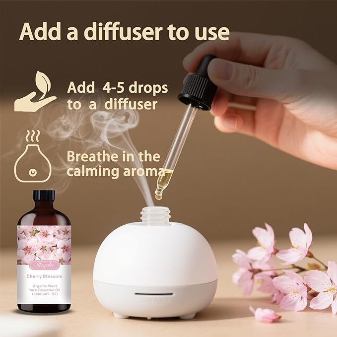 Cherry Blossom Essential Oil-Cherry Blossom Fragrance Oil 4.33oz (130ml)-100% Pure Natural Scent for Diffusers, Candles, Soap Making & Aromatherapy-Relaxing Home & Gift Essential Oil for Bath, Massage