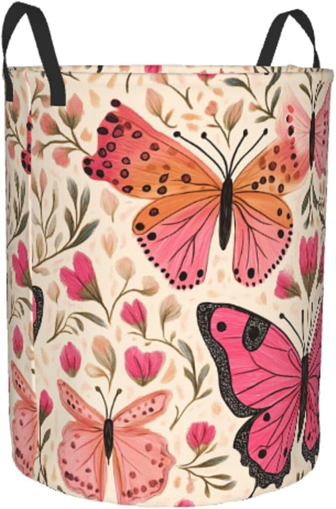 Laundry Basket Colored Pink Butterflies Collapsible Large Capacity,Dirty Clothes Basket Durable Lightweight Hamper With Handles Ideal For Clothes,Toys Home Organization size19.6iN *15.7in,63L