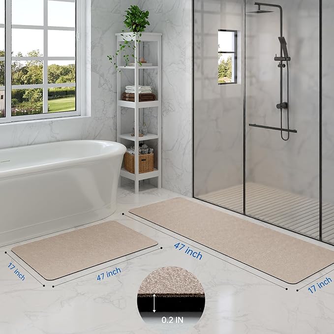 Bathroom Mat Rugs Sets 2 Piece - Quick Dry Super Absorbent Bath Mat for Bathroom Diatomaceous Earth Bathroom Rugs with Rubber Backing Non-Slip Bath Mat Rugs for Shower Floor, 47x17 + 24x17, Taupe