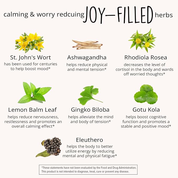 Joy-Filled Mood Support Supplement - 7 Herb Complex w/St. Johns Wort | Stress Relief – Helps Calm The Mind & Body | 100% Plant-Based Happy Pills, Ashwagandha, Rhodiola Rosea | Adaptogens, 60 Ct