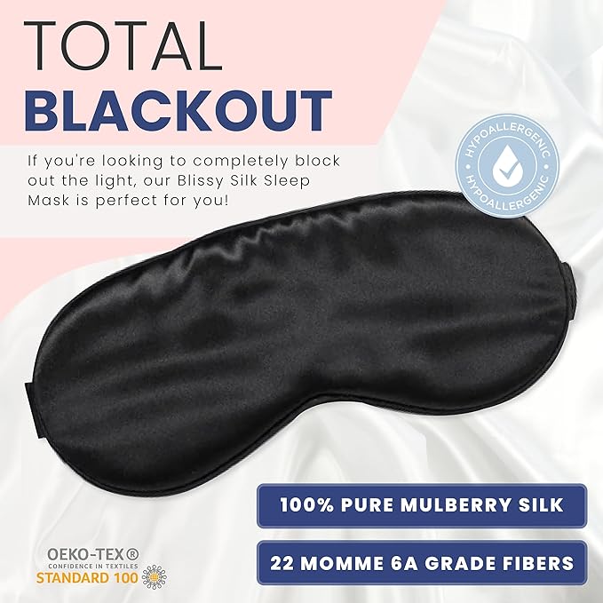 Blissy Silk Sleep Mask - Silk Eye Sleeping Mask for Women & Men for Total Blackout - Silk Eye Mask - 100% Pure Mulberry Silk, 22 Momme 6a Fibers - Blindfold Silk Sleep Mask Side Sleeper Eye Cover