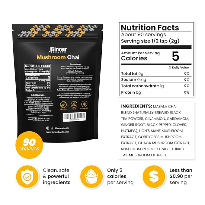 Inner Elevate Mushroom Chai - Ultimate Coffee Alternative - Adaptogenic Mushroom Tea Drink with Lion's Mane, Cordyceps, Chaga, Reishi, Turkey Tail (90 Servings)