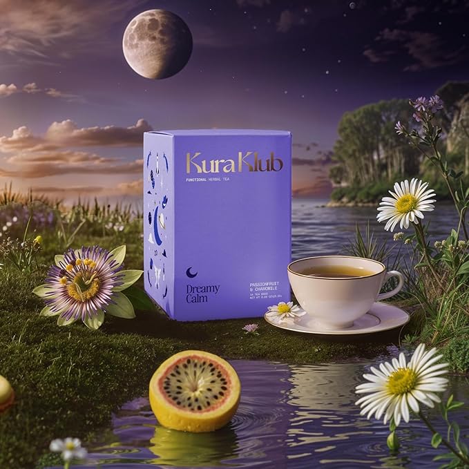 Kura Klub Nighttime Sleep & Relaxation Tea — Chamomile & Passion Fruit Herbal Blend for Stress-Free Evenings, Beauty & Digestion Support — Caffeine-Free, No Microplastics — 14 Biodegradable Teabags