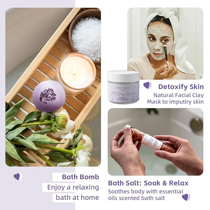 Natural Amor Lavender Spa Gifts for Women, 5pcs Handmade Spa Gift Box for Women, Soap, Clay Mask, Bath Salt, Birthday Gift for Women, Self Care Gift