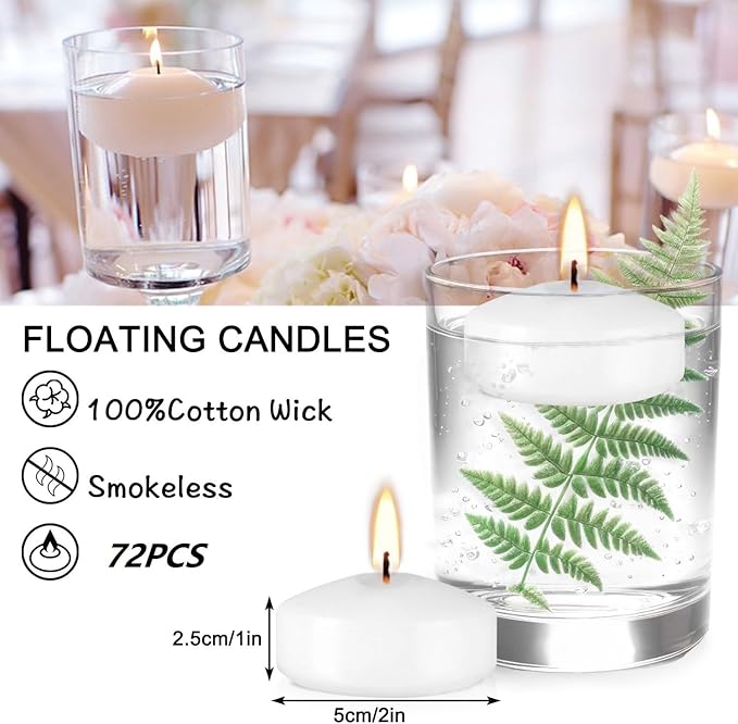 72 Pack 2-Inch Floating Candles - Perfect for Weddings and Events - White