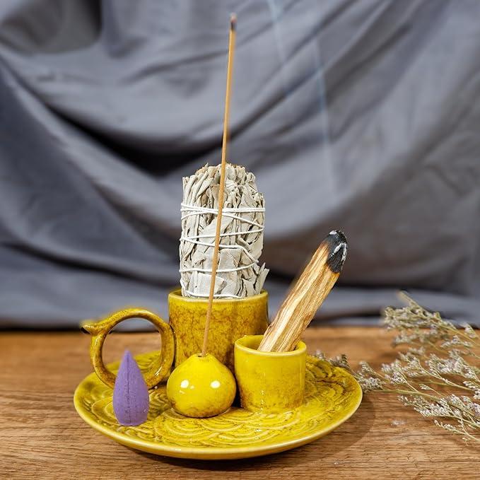 5.1-Inch 5-in-1 Yellow Ceramic Incense Holder - Fits Palo Santo, Sage, Incense Sticks/Cones, Small Candle, Smudge Burning Tray.Zen Altar for Meditation/Yoga, Aromatic Scents, Matches Friendly
