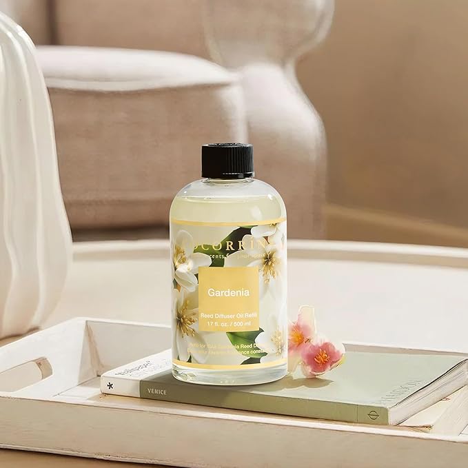 Cocorrína Reed Diffuser Refill Gardenia 17oz (500ml) with 8 Sticks - Premium Long-Lasting Scented Oil, Home Fragrance for Bedroom, Bathroom Home Decor