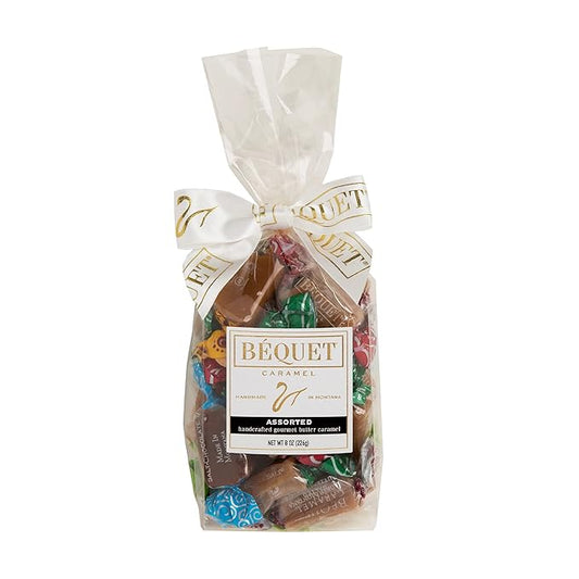 Béquet Assorted Caramels - Gourmet Individually Wrapped Candy Variety Pack - Celtic Sea Salt, Salt Chocolate, Classic Vanilla, Butterscotch, Green Apple, Salted Mocha & Salted Butterscotch - 8 oz Gift Bag