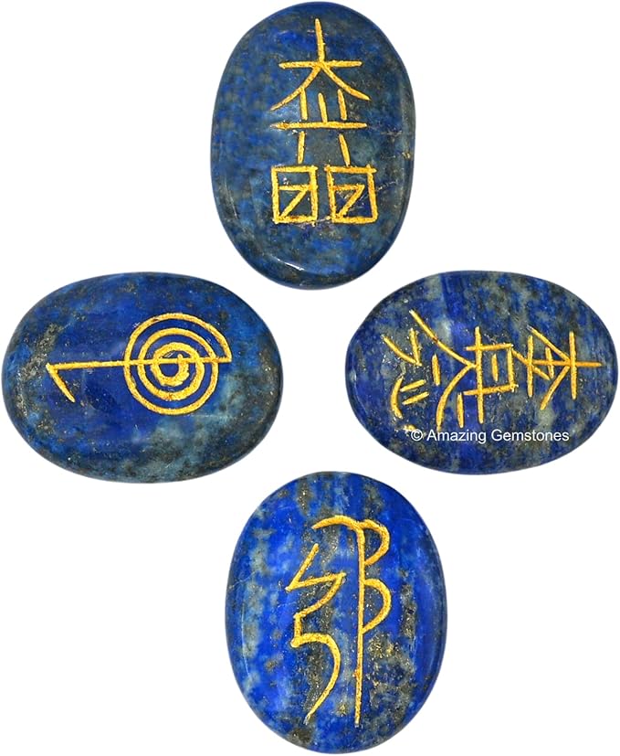 Amazing Gemstone Lapis Lazuli Crystal Reiki Stones with Engraved Symbols for Usui Reiki Healing, Set of 4 Pcs (Indian Handmade Reiki Gift Set)