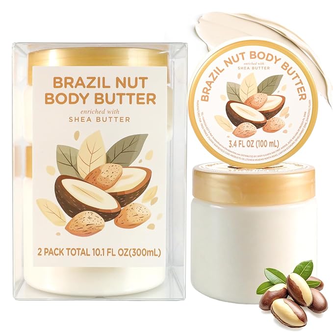 Brazil Nut Body Butter, Brazilian Body Butter Cream for Dry Skin, Womens and Mens Body Care, Natural Shea Butter for Deep Moisturizing and Hydrating-3.4floz+6.8 floz