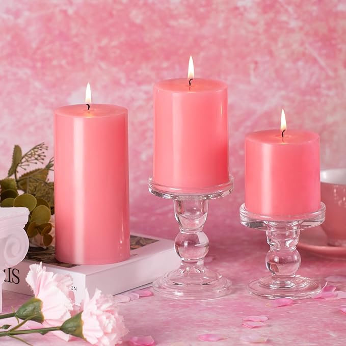 KONNI Pink Pillar Candles Set of 3, 3"x 4" Unscented Pillar Candles Bulk, 39 Hours Long Burning Candles, Smokeless&Dripless Large Round Candle for Wedding, Home Decoration, Parties, Spas, Dinner