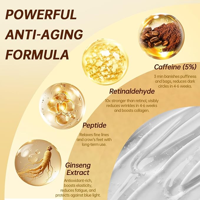 5% Caffeine Eye Serum for Dark Circles Wrinkles Puffy Bags & Fine Lines with Retinal Hyaluronic Acid Peptides, Instant Depuffing Eye Cream with 360° Roller Massage Ball, 0.51 fl oz