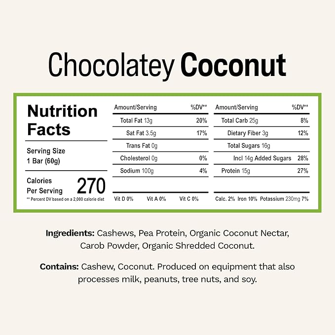 Rise Pea Protein Bar - Chocolately Coconut | Breakfast Bar & Protein Snack 15g Protein Just 5 Whole Food Ingredients Non-GMO Gluten-Free Soy Free