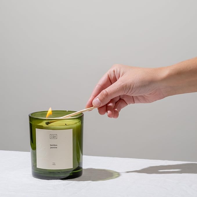 Craft & Kin 12oz Bamboo Jasmine Candle for Home | Premium Green Fall Scented Candles for Men | Made with Natural Soy | Gifts for Men and Women | Nature Collection