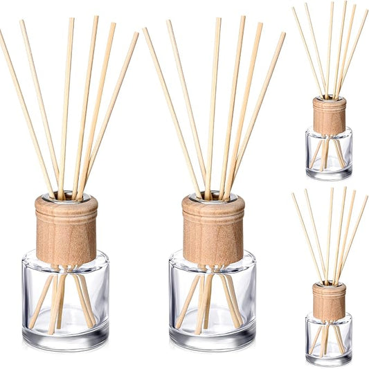 Roshtia 4 Set Reed Diffuser Bottle Empty Refillable Fragrance Glass Diffuser Bottles Set with Wooden Caps Rattan Sticks 50ml 1.7 oz Round Glass Jars for DIY Fragrance