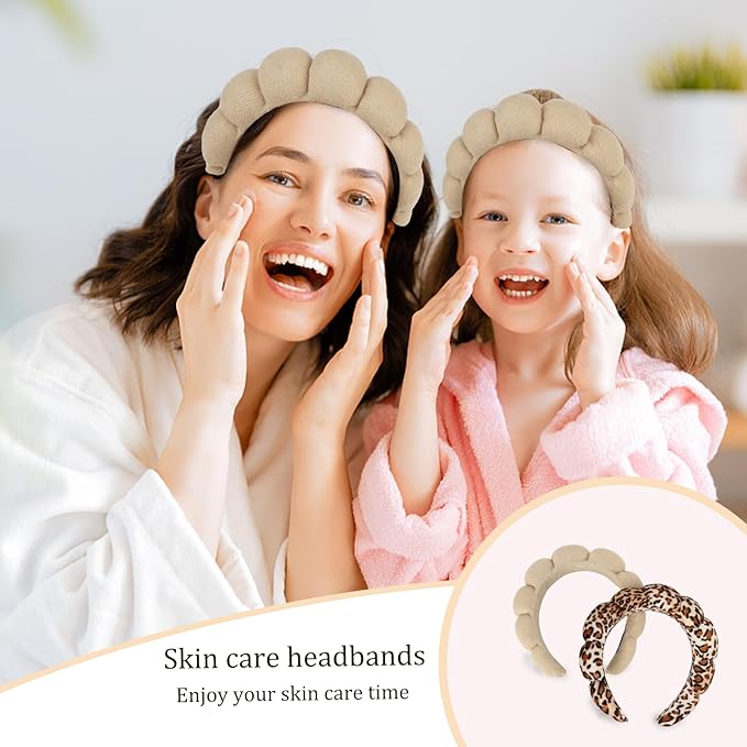 AMCAMI 2 PCS Puffy Spa Headband for Women Sponge Headbands for Girls Terry Towel Cloth Fabric Head Band for Face Washing (Brown & leopard print)