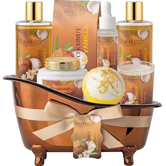 Spa Gift Basket for Women, Coconut & Vanilla Luxury Home Spa Kit, 8pcs Bath Gift Set, Birthday Gift for Women Unique with Bath Bombs, Scented Candle, Body Lotion, Spa Bath Sets for men Gift