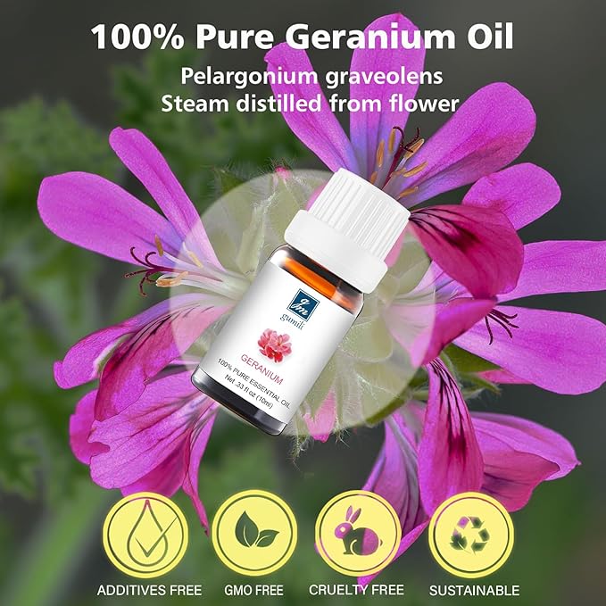 Geranium Essential Oil 10ml, 100% Pure Geranium Oil for Diffuser, Skin, Hair, Face, Soap & Candle Making, Aromatherapy & Massage