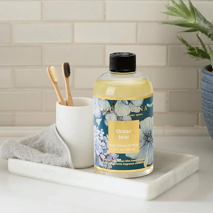 Cocorrína Reed Diffuser Refill Ocean Mist 17oz (500ml) with 8 Sticks - Premium Long-Lasting Scented Oil, Home Fragrance for Bedroom, Bathroom Home Decor