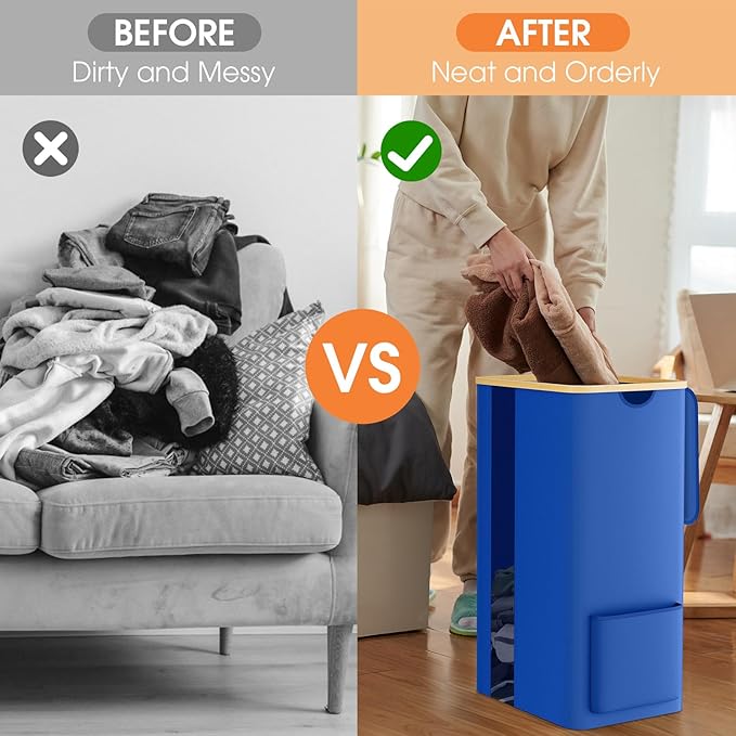 Laundry Basket Clothes Hamper with Lid and Pocket Large Collapsible Laundry Baskets with Handle, Blue Freestanding Hampers for Bedroom Aesthetic, Dorm, Bathroom, Laundry Room (100L)