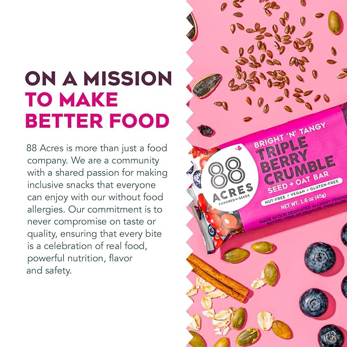 88 Acres Granola Bars | Triple Berry | Gluten Free, Nut-Free Oat and Seed Snack Bar | Vegan & Non GMO | 12 Pack