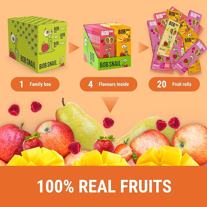 BOB SNAIL Healthy Organic Fruit Snacks for Kids and Adults – 60 Organic Fruit Roll Up with Mango,Pear, Strawberry, Raspberries–Vegan Low-Carb Variety Pack Leather Strips for Kids–Sugar Free Jerky Bars