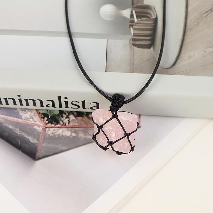 Handmade Natural Gemstone Crystal Pendant Necklace Stone Holder Necklace Cord Net Necklace with Adjustable Length for Women Men