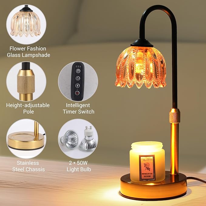 Flower Candle Warmer Lamp with Timer, Wax Warmer Gifts for Mom, Dimmable Candle Lamp Warmer, 3 Timer Modes, 4 Brightness Levels, Adjustable Height for House Warming, Birthday, Christmas Gifts